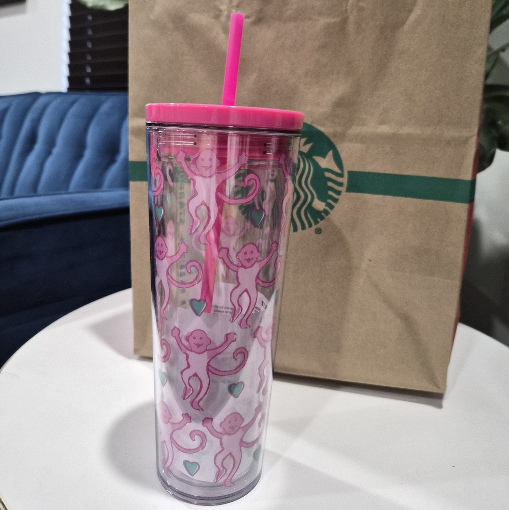 Starbucks Roller Rabbit Pink Monkey Tumbler with Straw